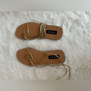 AQUA Womens Gold Snakeskin Cushioned Strappy Zina Open Toe Lace-Up Gladiator